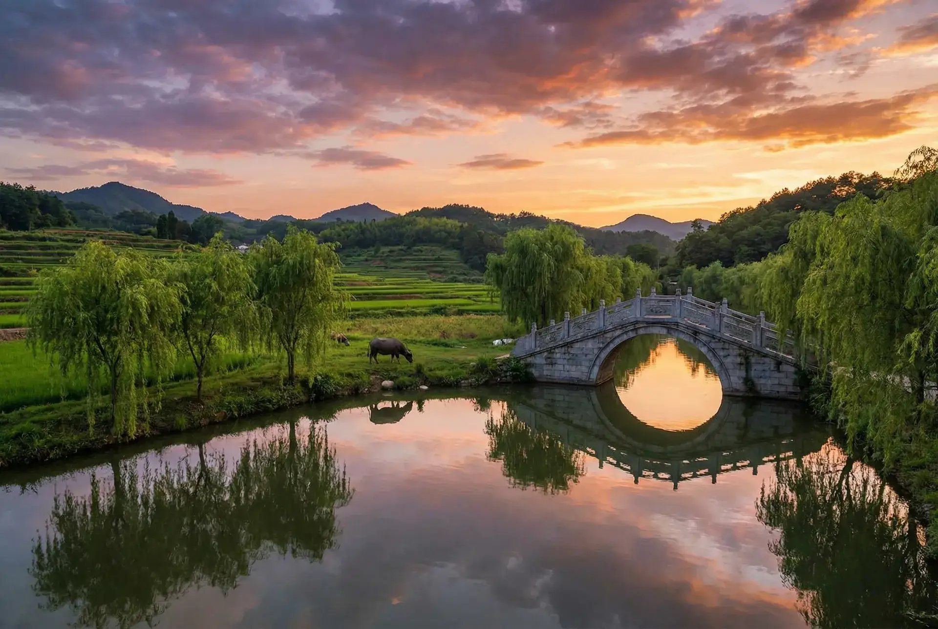 夕阳下的石拱桥与垂柳，水牛在河边吃草 - 黑桃tvapp 乡村美景
